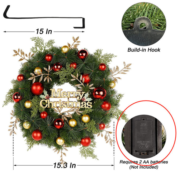 [早割クリスマス2023]クリスマスリース 玄関 赤球 葉 クリスマスプレゼント Christmas wreath 5枚目の画像