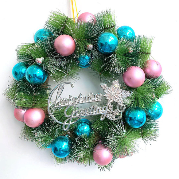 [早割クリスマス2023]クリスマスリース 松葉 松葉 紫青のボール 玄関 プレゼント Christmas wreath 1枚目の画像