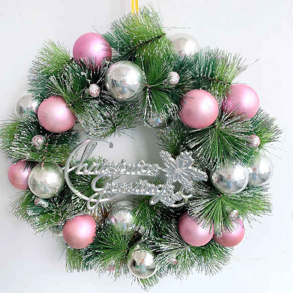 [早割クリスマス2023]クリスマスリース ピンクグレーのボール ボ玄関 プレゼント Christmas wreath 1枚目の画像