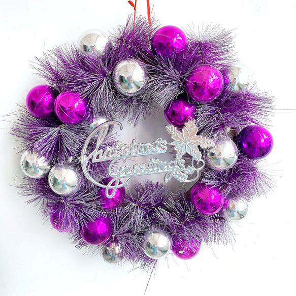 [早割クリスマス2023]クリスマスリース 松葉 紫のボール玄関 クリスマスプレゼント Christmas wreath 1枚目の画像