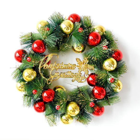 [早割クリスマス2023]クリスマスリース 松葉 黄赤ボール玄関 クリスマスプレゼント Christmas wreath 1枚目の画像