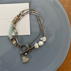 ◯再販　turquoise×pearl  2連silver bracelet 1枚目の画像