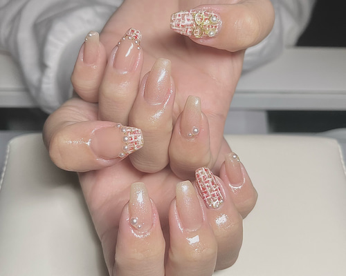 No.89】クリスマスカラー♡ツイード フレンチ ネイルチップ ワンホン