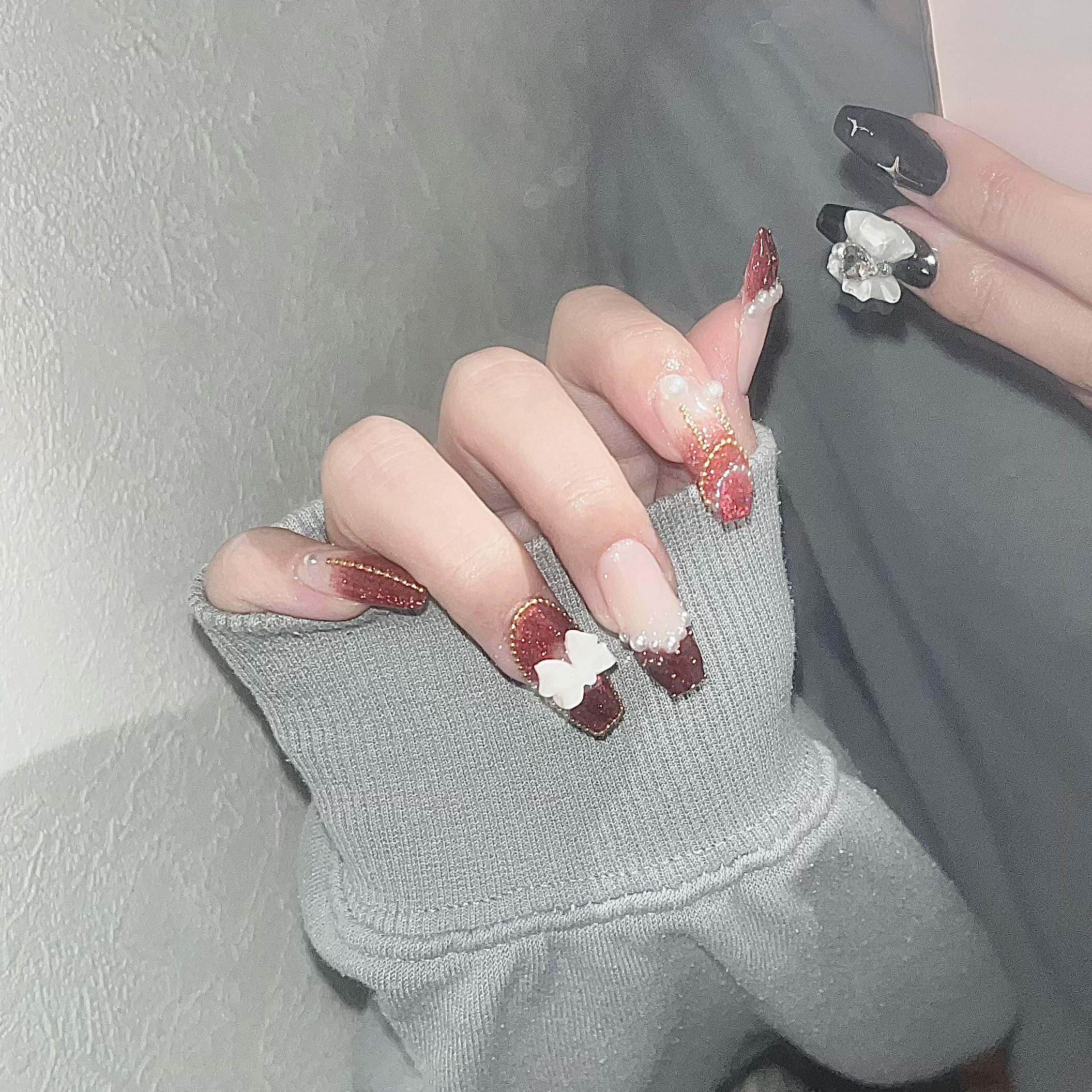 赤フレンチ ツイード 韓国 量産型 推しネイルチップ 春ネイル ツイード