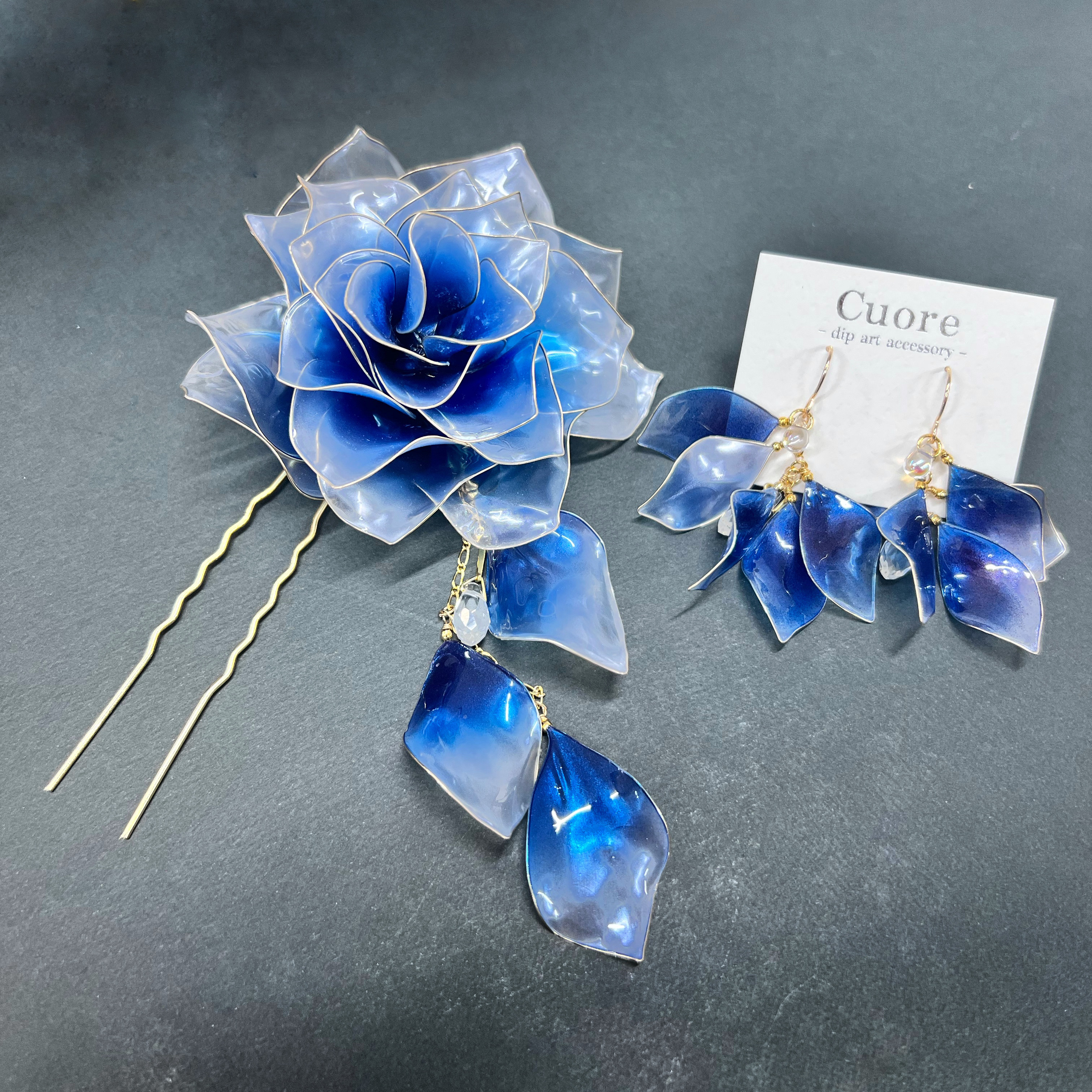 【お得な2点set】青薔薇 -夢叶う- かんざし＆薔薇の花弁（フック）　h4069&p1142