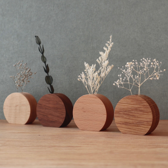 一点物！！お手製　オーナメントフラワー　新品未使用　9✕9✕5センチ 手のひらサイズ｜木のまんまる花瓶(マグネット付き) 一輪挿し・花瓶