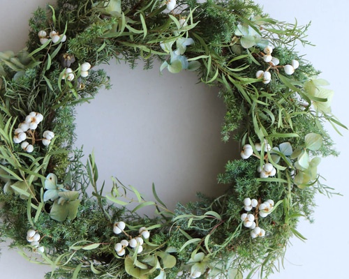 新緑のグリーンリース　バラ　クリスマスローズ　ドライフラワー 紫陽花とオリーブの春色グリーンリース＊ドライフラワー◎24