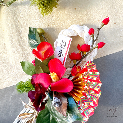 お正月】 お正月お飾り しめ縄正月飾り（ホワイト×レッド）紅椿 扇