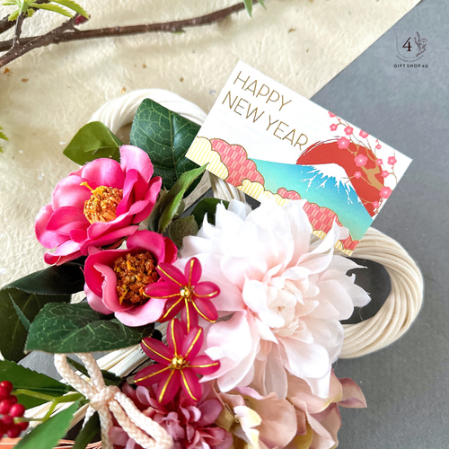 しめ縄リース　ピンクダリア　椿　金扇　松 秀〆 正月飾り 玄関 モダン しめ縄 リース おしゃれ モダン飾り 大