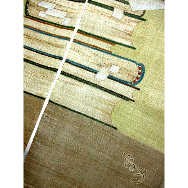 麻暖簾（積み上げた洋書の上のリンゴ）（黄緑色・茶色）