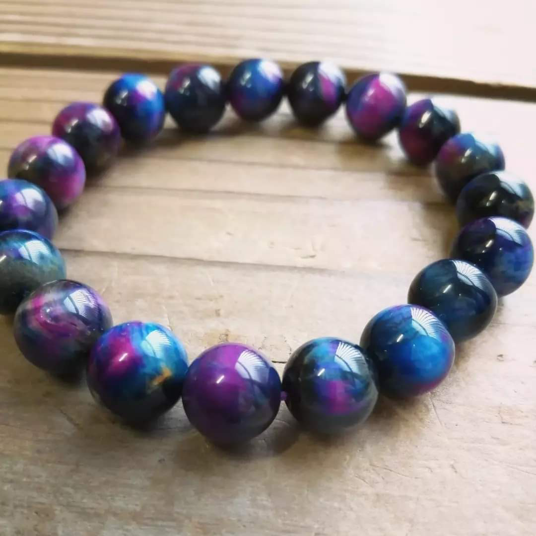 ◆タータンチェック風◆ブルーミックスカラータイガーアイのブレスレット （送料無料） 10mm