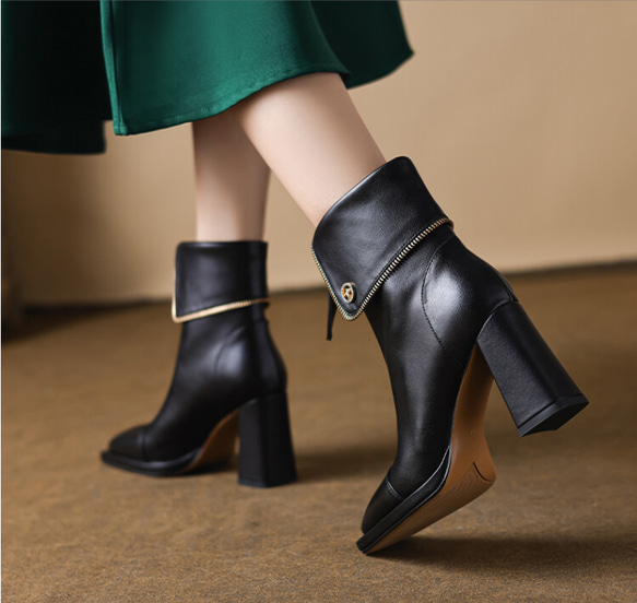 秋冬女式柔軟皮革鞋舒適時尚短靴高跟鞋 22 公分-25 公分 #884⭐免運費⭐ 第11張的照片