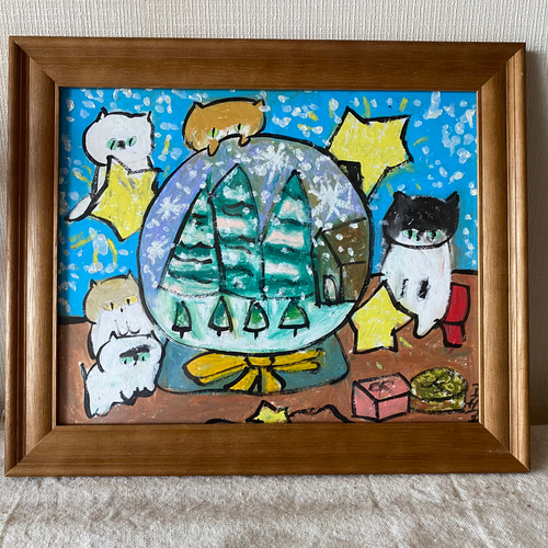 壁掛け絵☆【可愛い猫ちゃんたちは楽しく美しいクリスマスを迎える】 絵画 。壁掛け絵☆【可愛い猫ちゃんたちは楽しく美しいクリスマスを