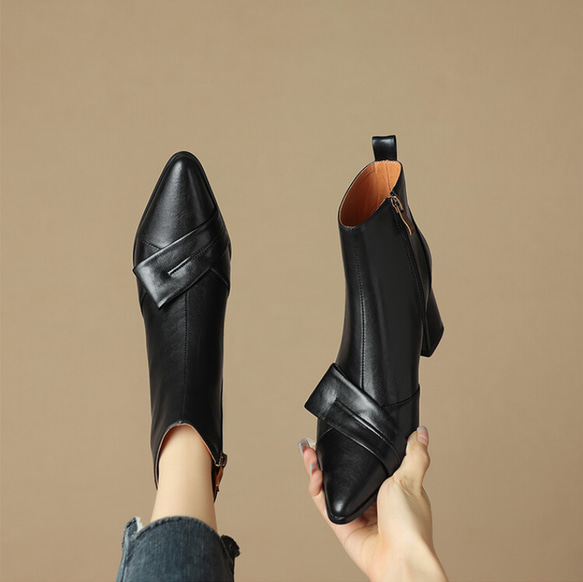 秋冬女式柔軟皮革鞋舒適時尚短靴高跟鞋 22 公分-24.5 公分 #885⭐免運費⭐ 第1張的照片