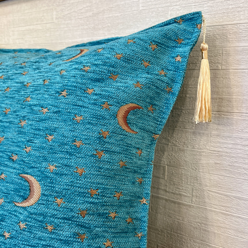 トルコの月と星のターコイズブルーのシュニール素材クッションカバー