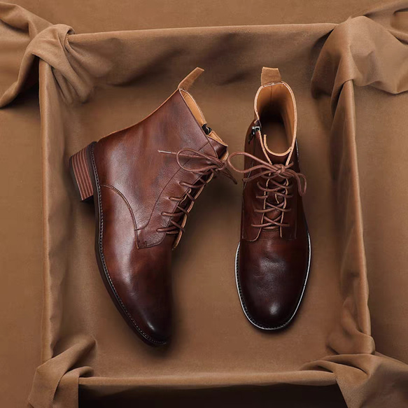 ショートブーツ レースアップブーツ 牛革 痛くない 幅広 柔らかい 靴