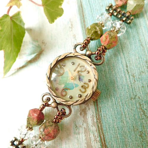 天然石腕時計 No.32~「迷える森の蝶」 腕時計 LUNA SHIP ~彫金＆腕時計