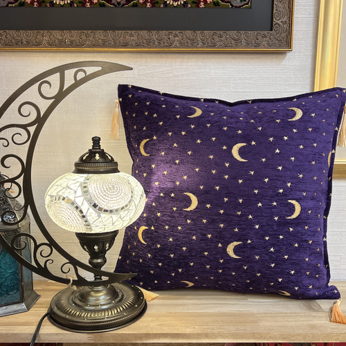 トルコの月と星のパープルのシュニール素材クッションカバー