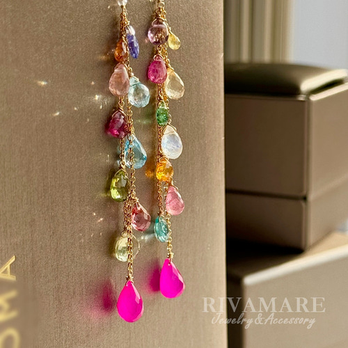 宝石質マルチカラー ロングピアス イヤリング可 ルビー サファイア
