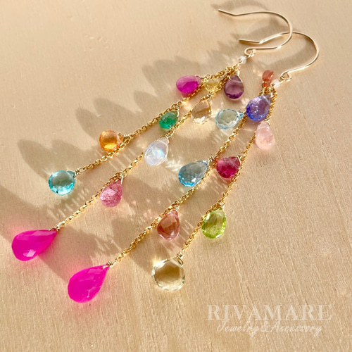 宝石質マルチカラー ロングピアス イヤリング可 ルビー サファイア