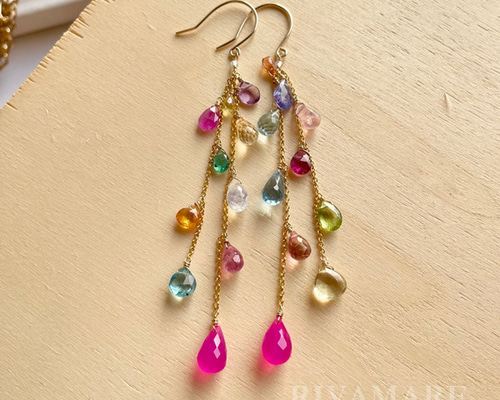 宝石質マルチカラー ロングピアス イヤリング可 ルビー サファイア