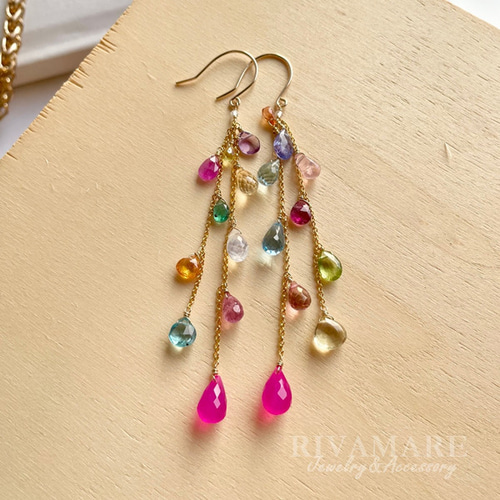 宝石質マルチカラー ロングピアス イヤリング可 ルビー サファイア
