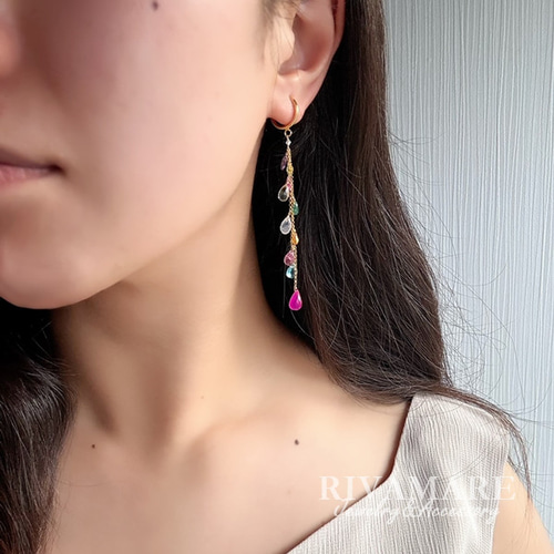 宝石質マルチカラー ロングピアス イヤリング可 ルビー サファイア
