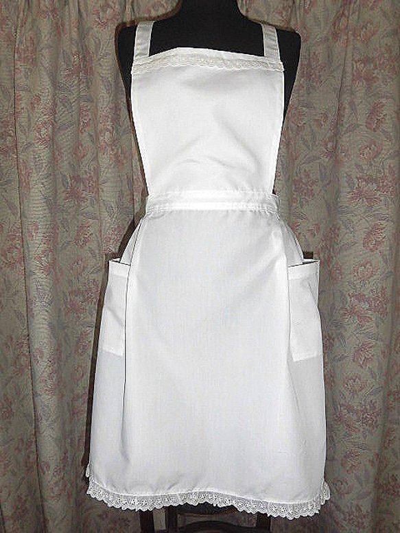 ホワイトコットンエプロン レース付き フリルエプロン ロング丈 ホワイトエリカレース おしゃれ カフェ