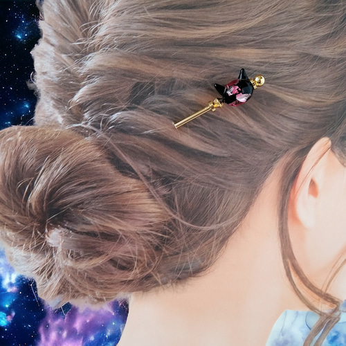 Key of Life ピンク 蛍ガラス 猫モチーフ 髪飾り/かんざし ヘア