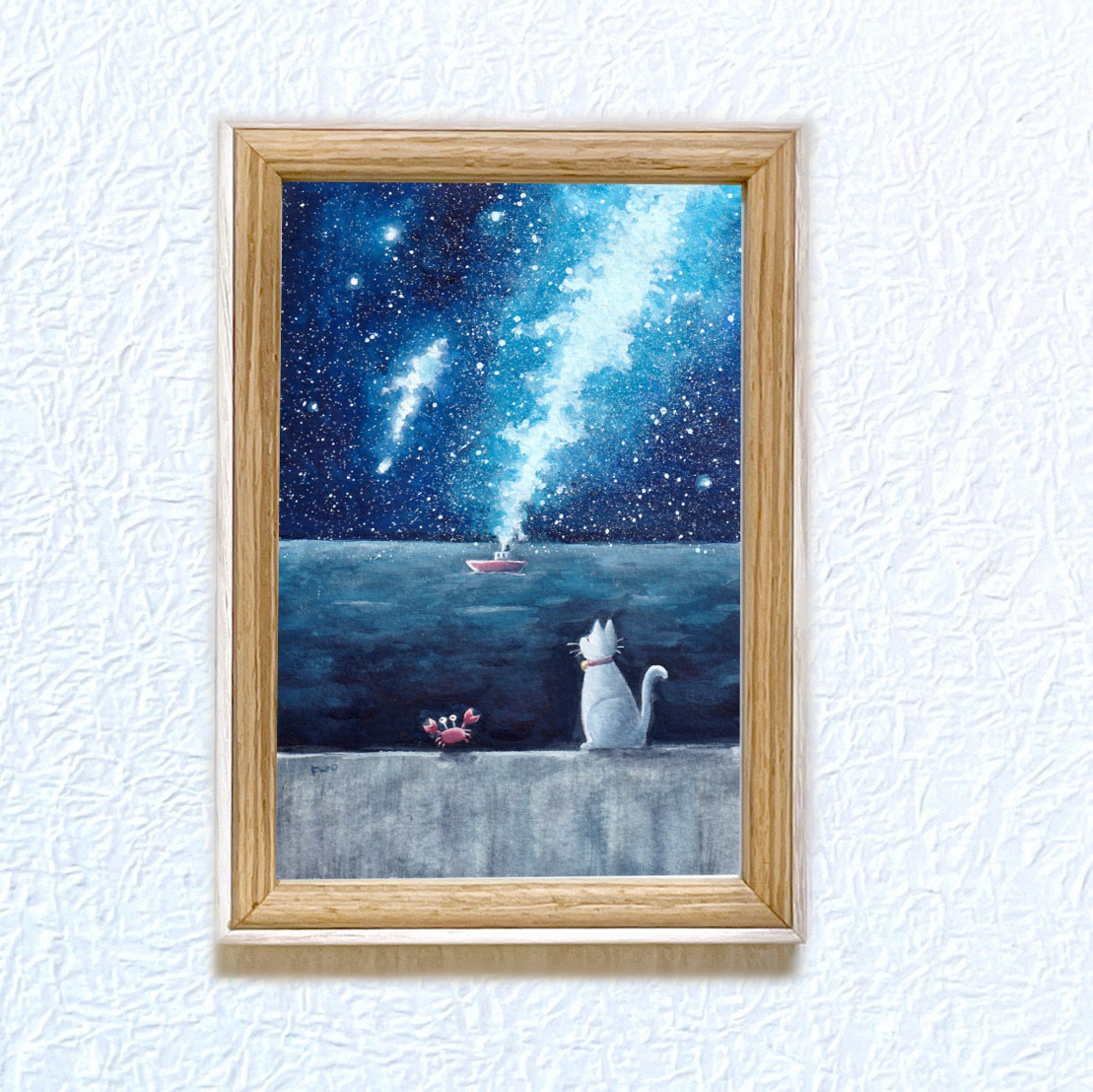 透明水彩画原画「白樺の小径」額縁付F4サイズ風景画