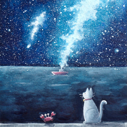 絵画　猫　美品　海　風景　白猫　青空　美術品　ベランダ　水彩画 c1832b66b1bcb83cf07d6c187c2c80