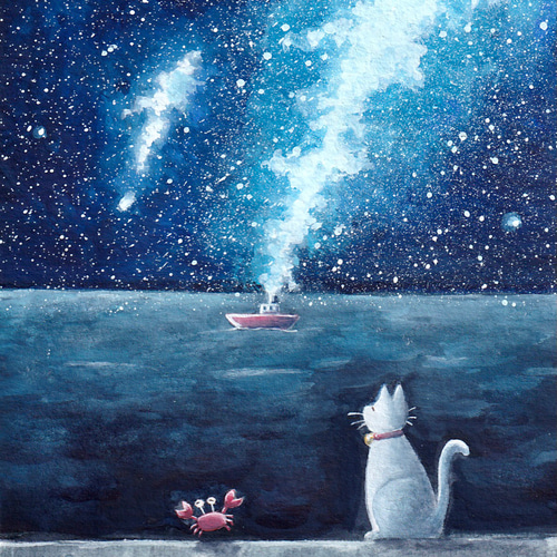 天の川を作った船【海と星空と白猫】 絵画 kuro 通販 16962067｜Creema