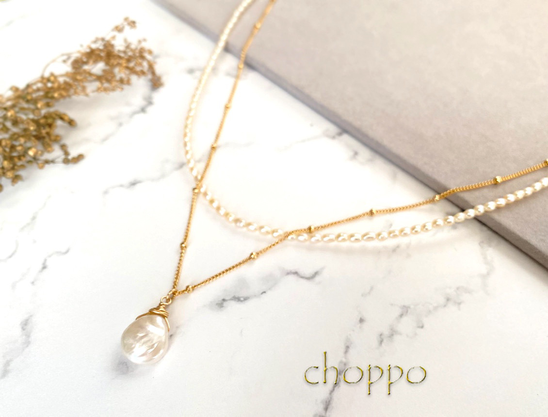 ちいさなオレンジパール＆しずくネックレスの重ね付け2点セット　14㎏f　ベビーパール　入園式　誕生石　淡水パール