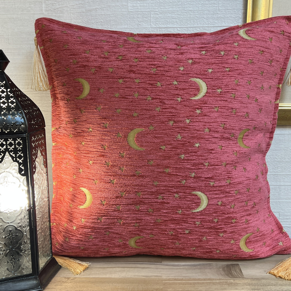 トルコの月と星のピンクのシュニール素材クッションカバー 8枚目の画像