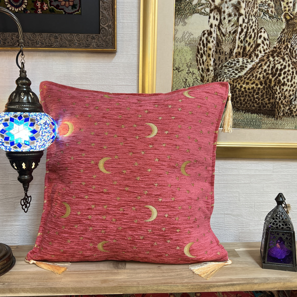 トルコの月と星のピンクのシュニール素材クッションカバー 3枚目の画像