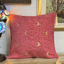 トルコの月と星のピンクのシュニール素材クッションカバー 1枚目の画像