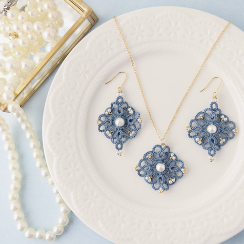 タティングレースのアンティーク風パールネックレス＆ピアス