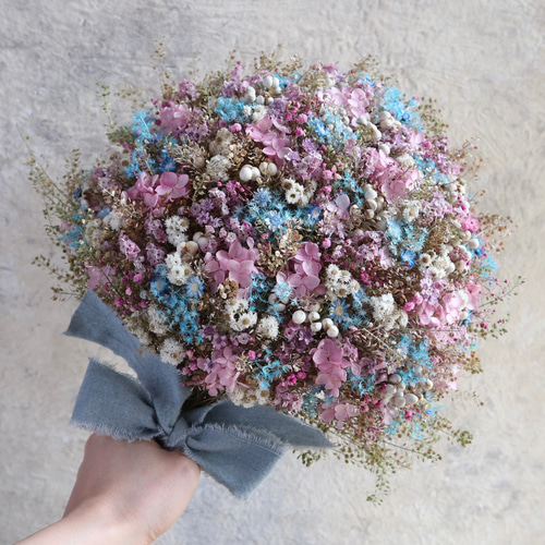 45cm) パステルカラーのお花畑スワッグ/ドライフラワー/ピンク/水色  