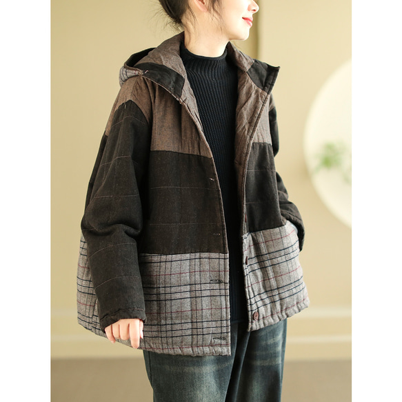 チェック柄アウター フード付き フード付き チェック柄 ジャケット アウター 冬 冬物 冬服 ぽっちゃり