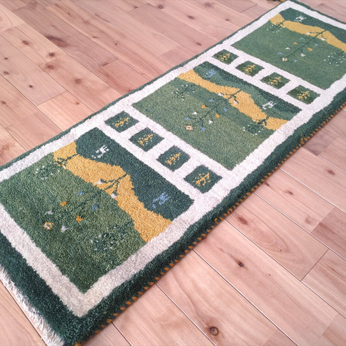 ペルシャ ギャッベ ミニランナー 115×40 白 緑 格子