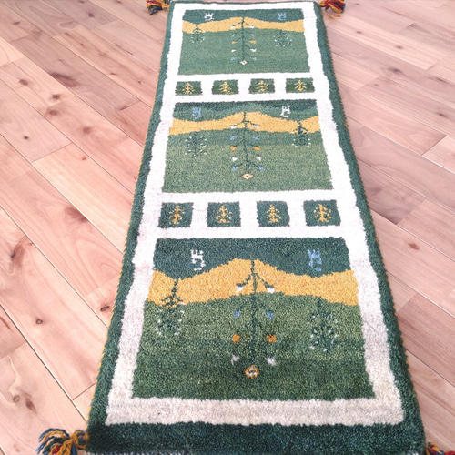 ペルシャ ギャッベ ミニランナー 115×40 白 緑 格子