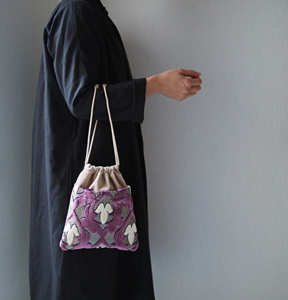 【受注製作】モロッコファブリック　巾着バッグ　マルベリー 5枚目の画像