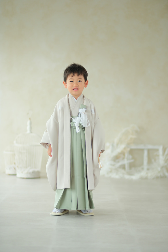 七五三5歳男の子羽織・着物・袴一式　11点セット　袴グリーン系 1枚目の画像