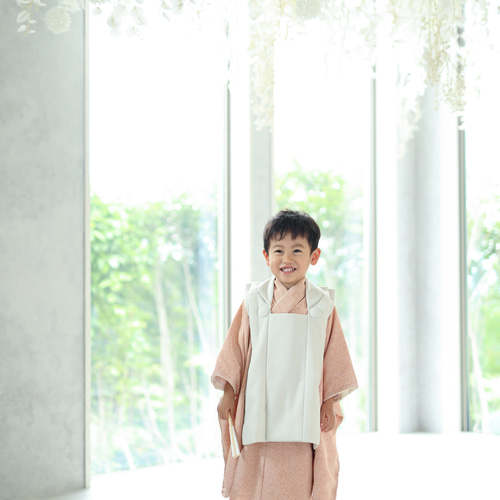 七五三3歳男の子被布/着物一式5点セット ベージュ系/絞り風