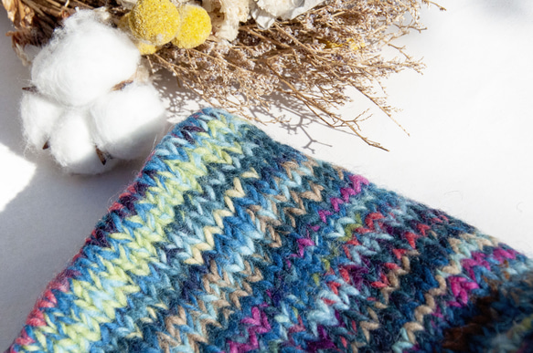 手編みウールスカーフ/ニットスカーフ/かぎ針編みストライプスカーフ/内側起毛スカーフ - 北欧レインボースタイルボヘミアンメリノ 6枚目の画像