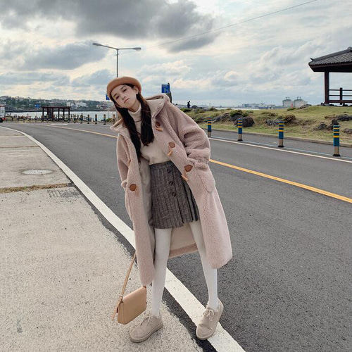 ラムファーコートレディースロング秋冬日系スイート厚手牛角ボタン