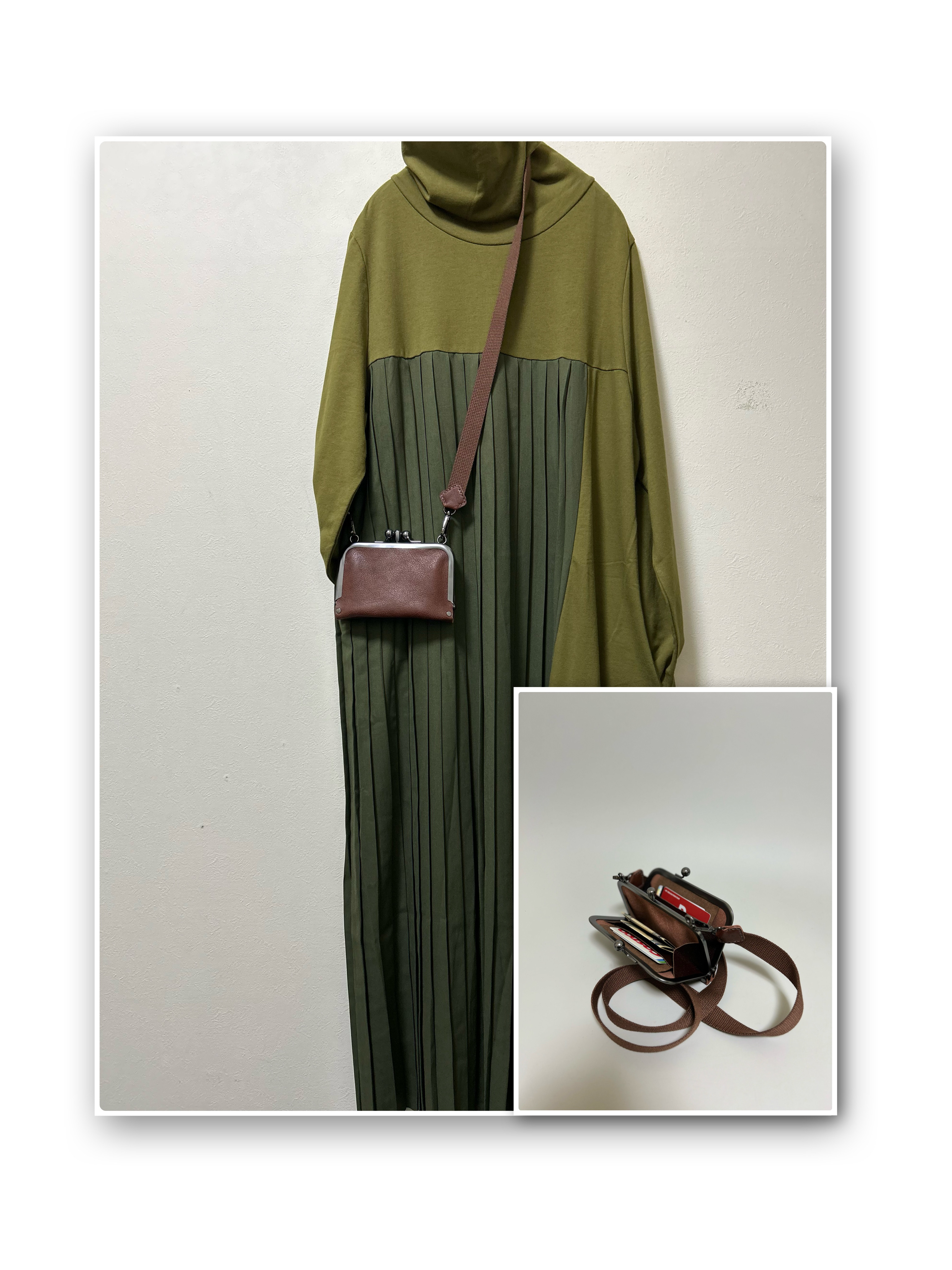 姫路レザー2way二口がま口ポシェット◆焦げ茶　ウォレットショルダー　ポーチ　革財布　カード入れ　クリスマス