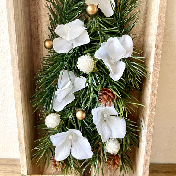 ⭕️ウッドボックス クリスマスツリー あじさい ナチュラル  ホワイト Xmas シャビー 5枚目の画像