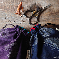 和柄の手毬巾着⦿絣調綿布⦿茄子紫OR紺 2枚目の画像