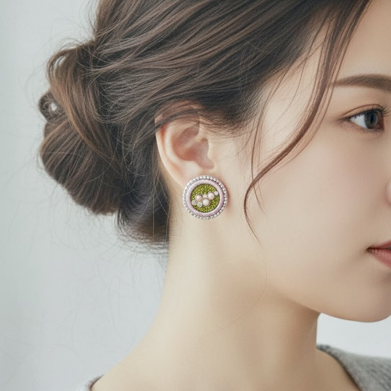 桜色のあわだま刺繍ピアス　l-bdzb001p　★アートアクセサリー★